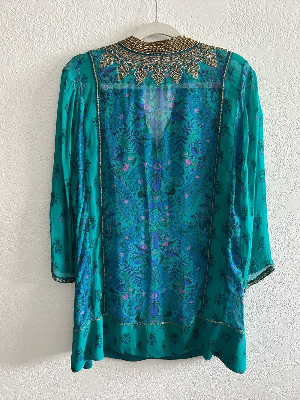 Soft Surroundings Boho Blue Green V-neck Embellished Bronte Tunic Blouse Top - Picture 9 of 11